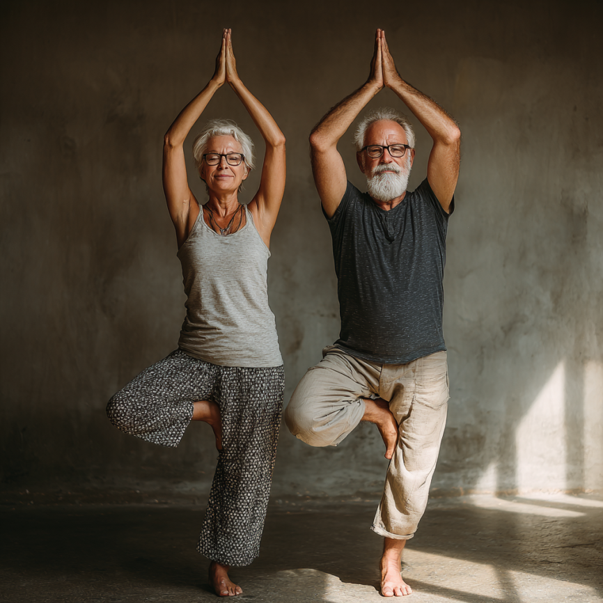 Група літніх людей займається йогою